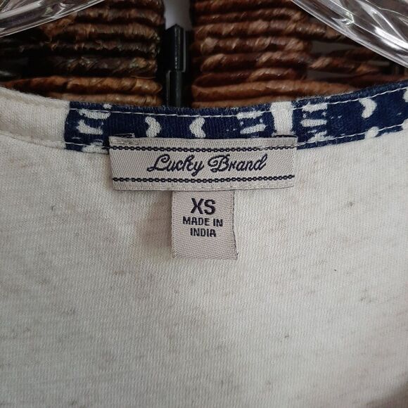 Lucky Brand Linen Blend Button Up Long Sleeve Top Women's XS Cream  Boho Print - Picture 6 of 10